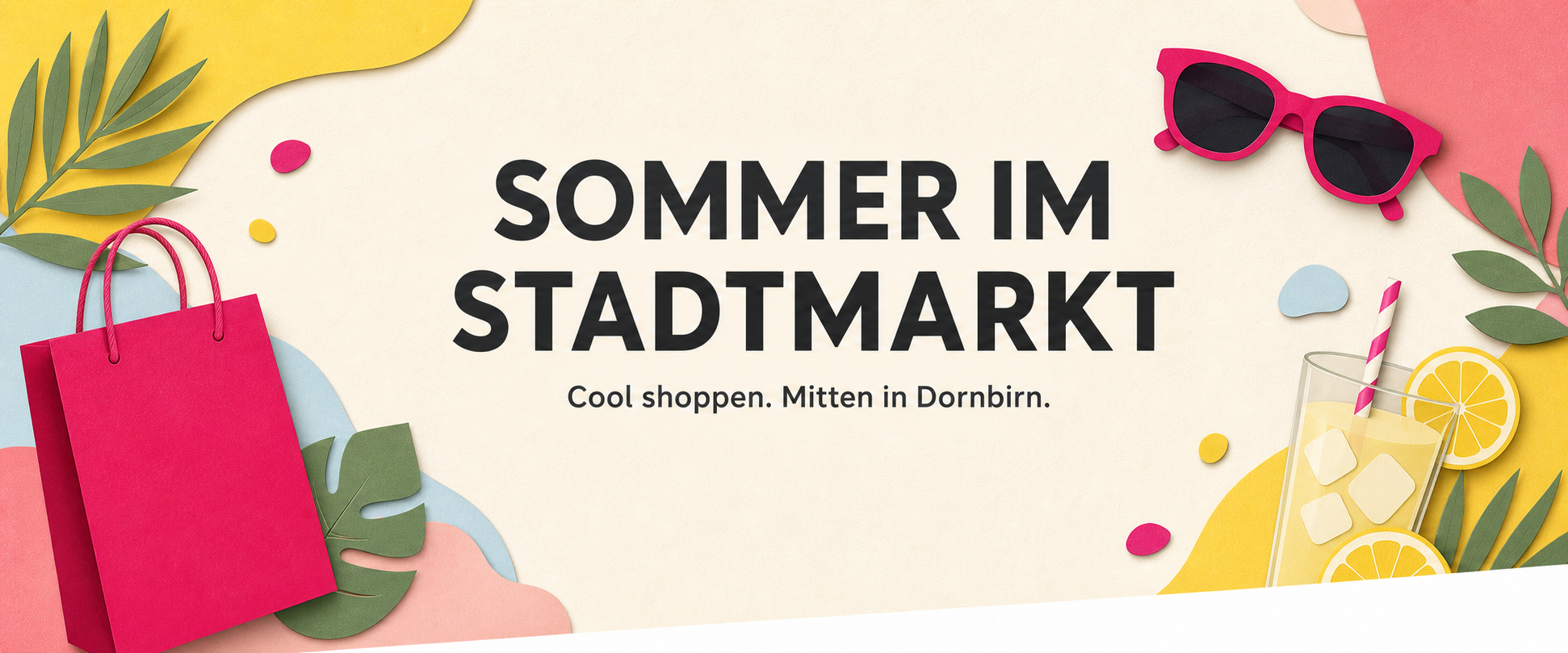 Grafisches Sommermotiv des Stadtmarkt Dornbirn mit Einkaufstasche, Sonnenbrille und Zitronengetränk