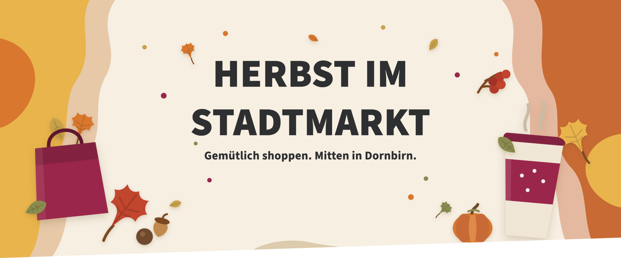 Herbst im Stadtmarkt – Grafik mit Einkaufstasche, Herbstblättern, Vogelbeeren, Kürbis und Kaffeebecher
