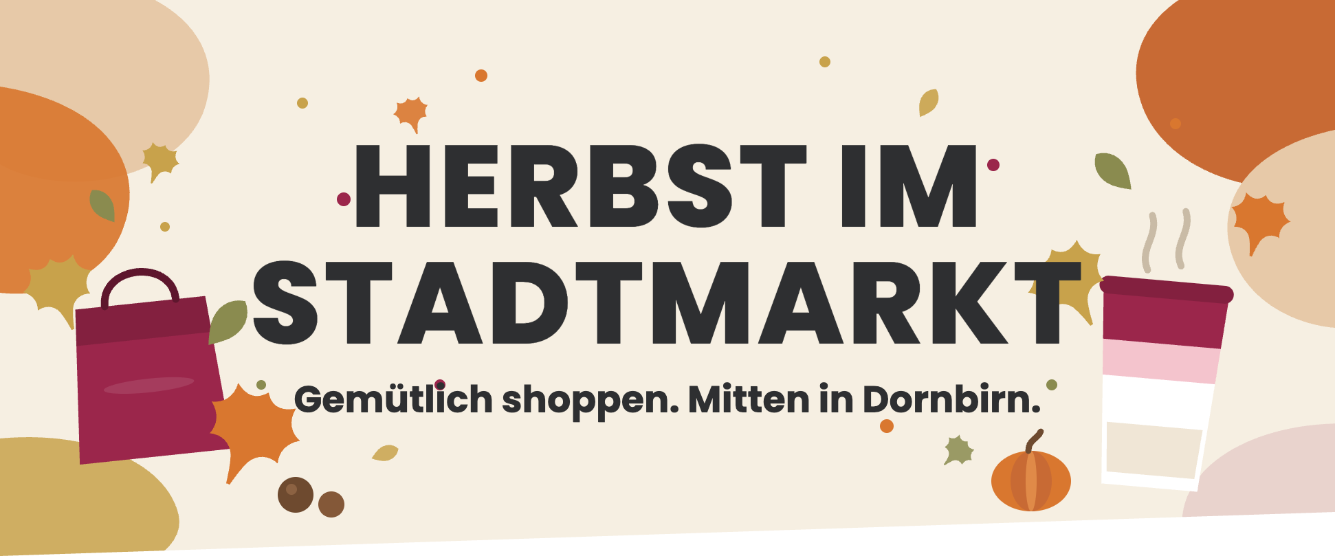 Herbst im Stadtmarkt – Grafik mit Einkaufstasche, Herbstblättern, Kürbis und Kaffeebecher